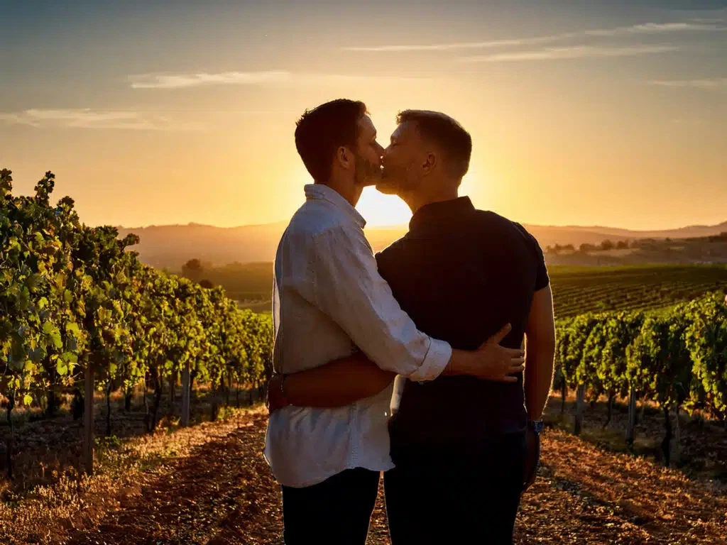 In einem Weinberg küssen sich zwei Männer liebevoll
